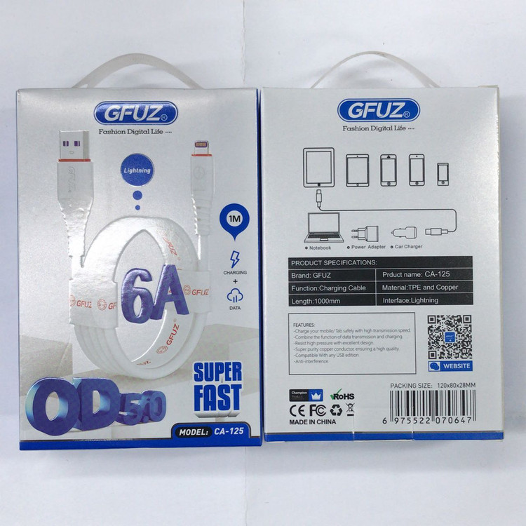 کابل آیفون GFUZ مدل CA-125 سیلیکونی، ۶ آمپر، شارژ فوق سریع و ایمن