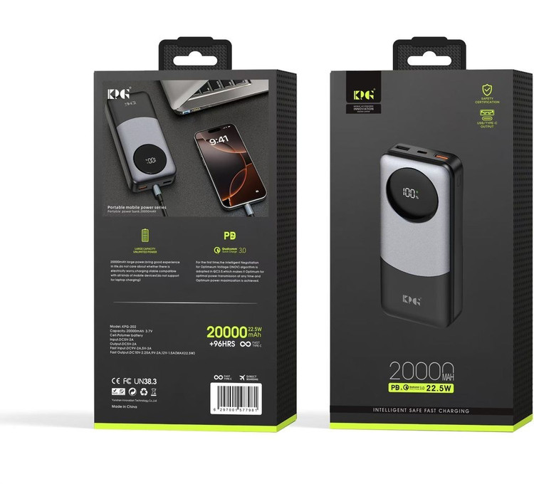 پاوربانک ۲۰۰۰۰ میلی آمپر KPS مدل KPG-202 فست شارژ دو خروجی با نمایشگر LED